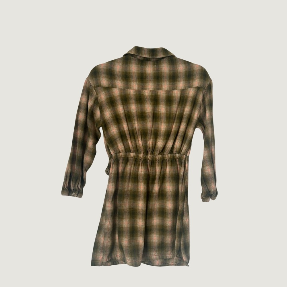 Zara Plaid Shirt Dress Size 13 Green Pink Ecru Tie Waist Detail Button Front - Picture 6 of 13